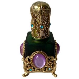 Vintage Perfume Bottle Frosted with Rhinestones and Intricate Floral Carving